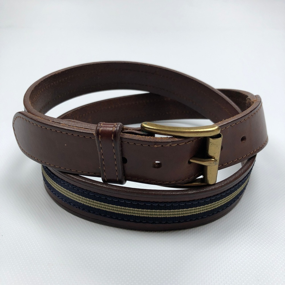 Brooks Brothers Brown Italian Leather Ribbon Belt Solid Brass 38 Canvas Inlay